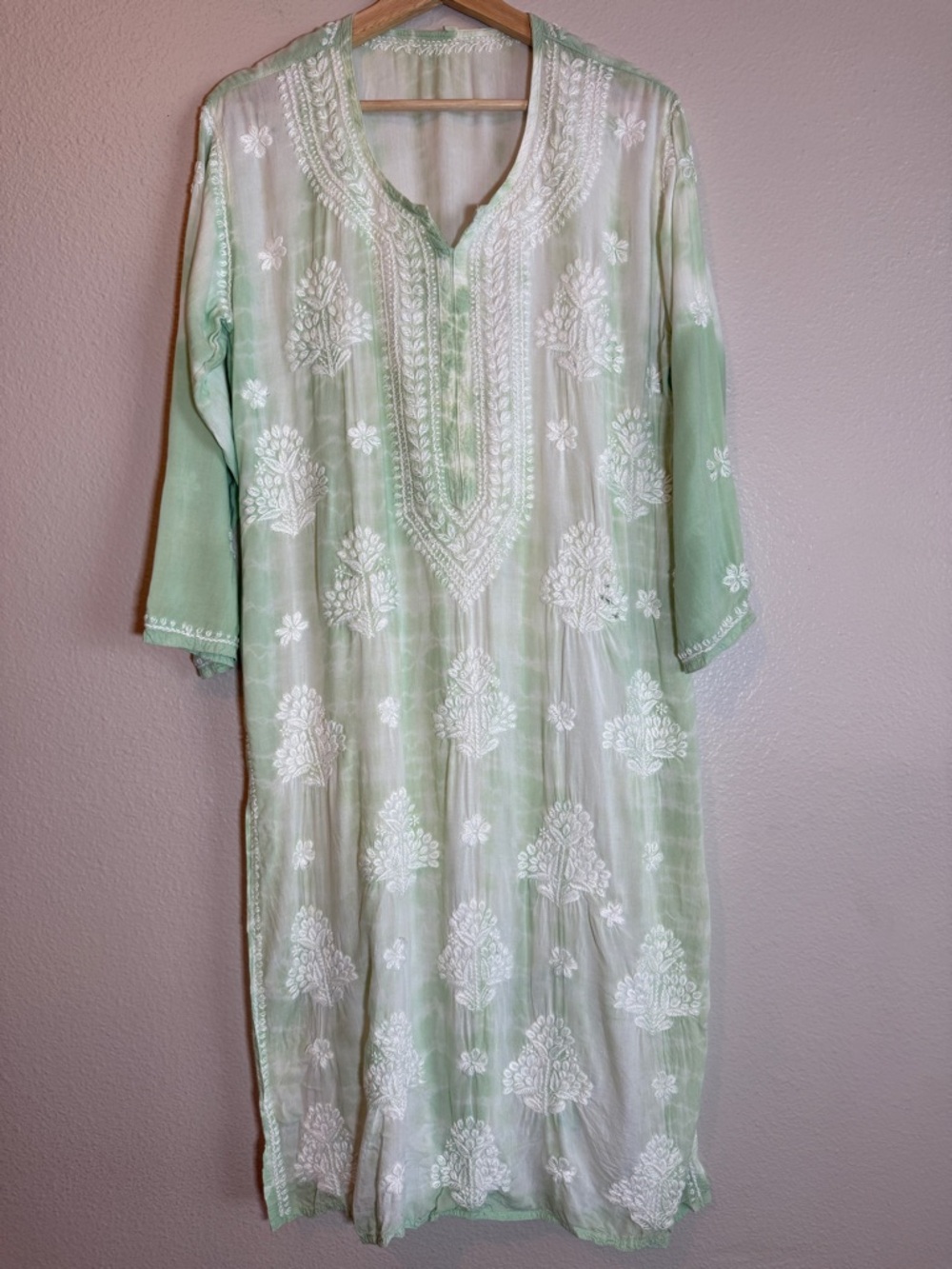 Indian Kurta Tunic Dress Size 44 Large Sage Green Embroidered Boho Cover Up